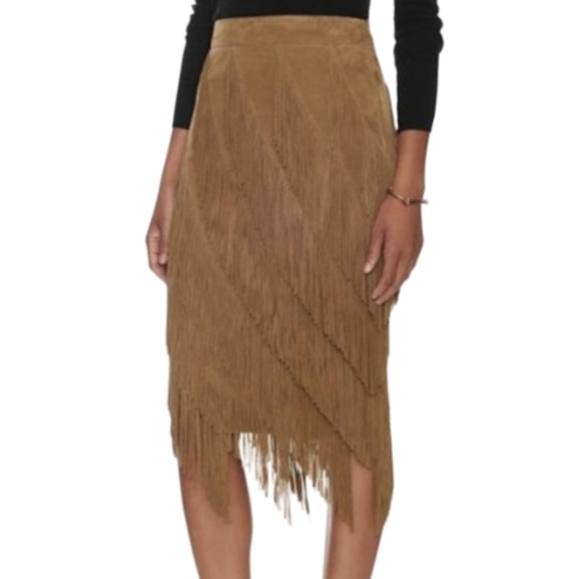 Intermix Womans Tan‎ Suede Leather Fringe Skirt in Size Small Women